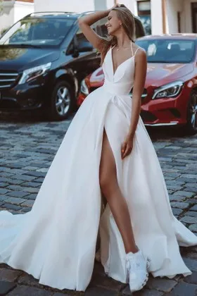 thigh high slit deep V neck satin puffy sexy wedding dress