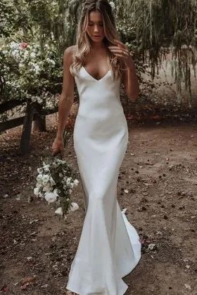 minimalist satin V neck mermaid outside wedding dress