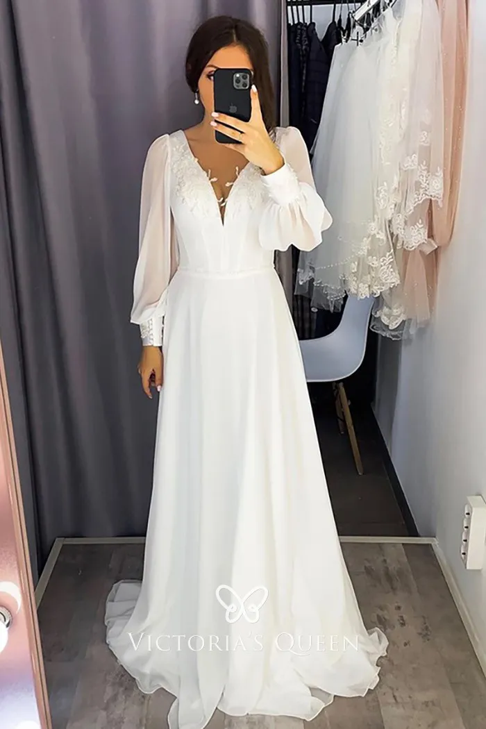 A-Line Wedding Dress V-Neck Long Puffy Lace Appliques Beading Satin And Tulle Bridal Gown Sexy Brides Dress