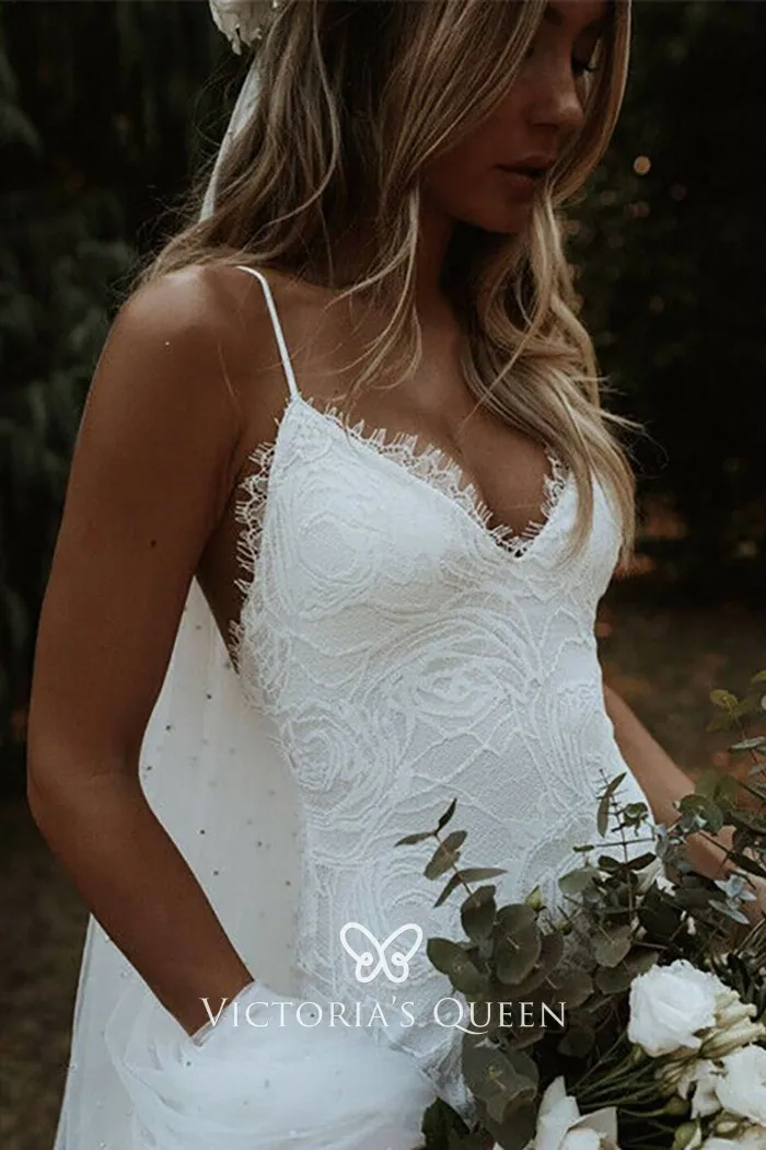 V neck spaghetti straps vintage ivory lace mermaid boho wedding dress