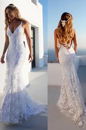 body hugging lace low strappy back mermaid bridal dress