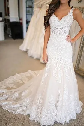 Ivory Lace Mermaid V Neck Cap Sleeves Wedding Dresses, Birdal Gown, PW373