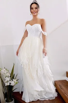delicate lace ruffled chiffon long casual wedding dress