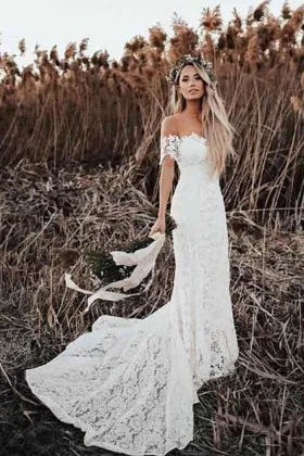 vintage allover lace off the shoulder rustic wedding dress