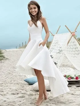 simple white satin high low summer beach wedding dress