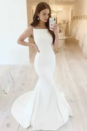 simple ivory satin slim fit mermaid long wedding dress