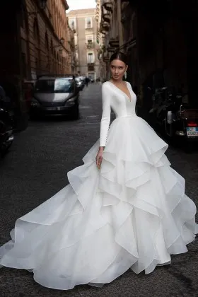 stylish satin ruffled organza sleeved city bridal dress