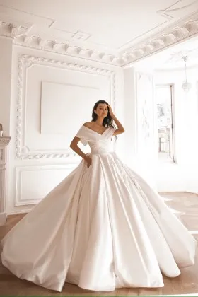 chic elegant off shoulder satin ball gown wedding dress