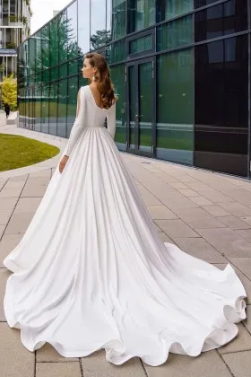 flounced chapel train beautiful satin sleeved wedding dress