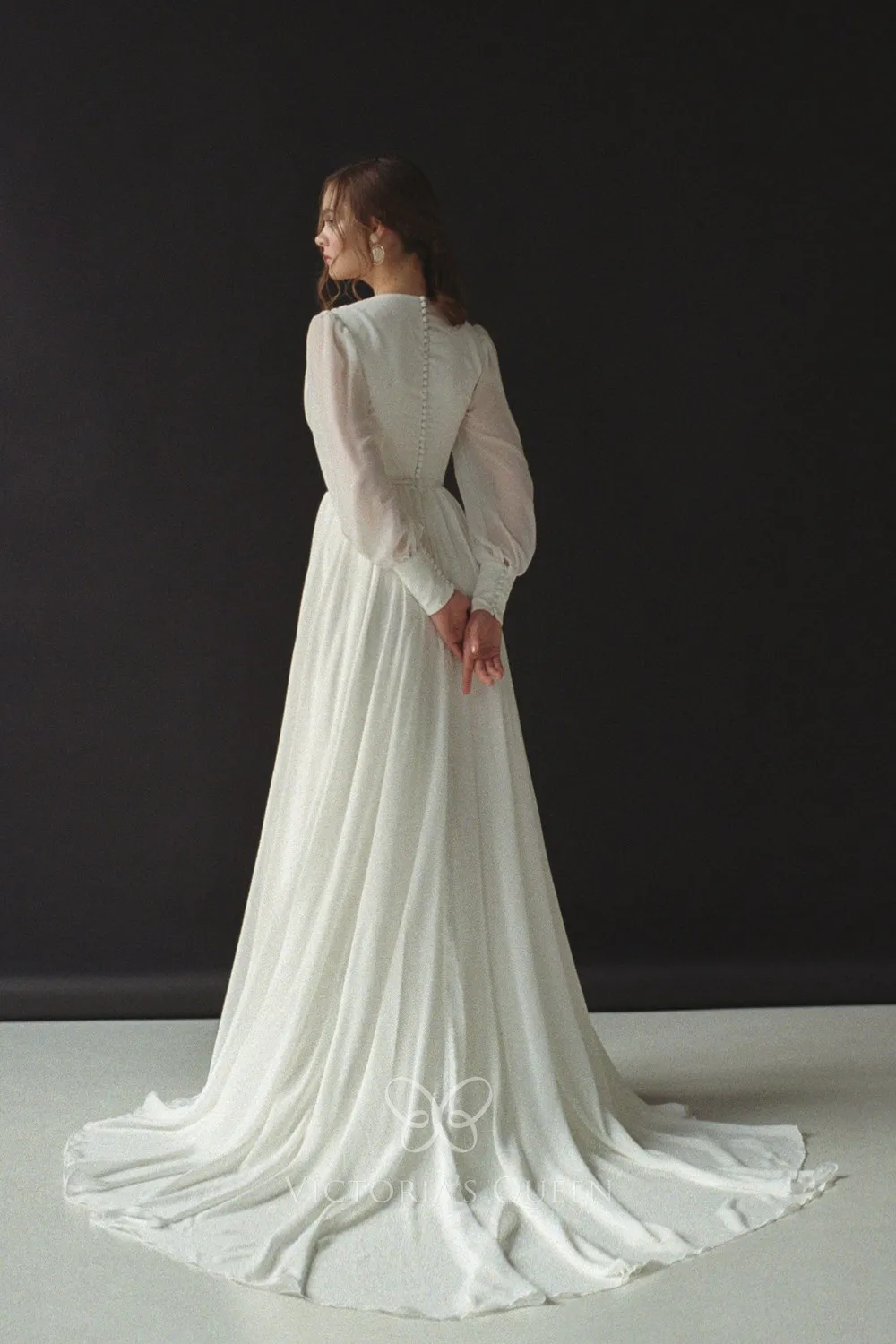 closed back ethereal ivory chiffon wedding dress with court train closed back ethereal ivory chiffon wedding dress with court train