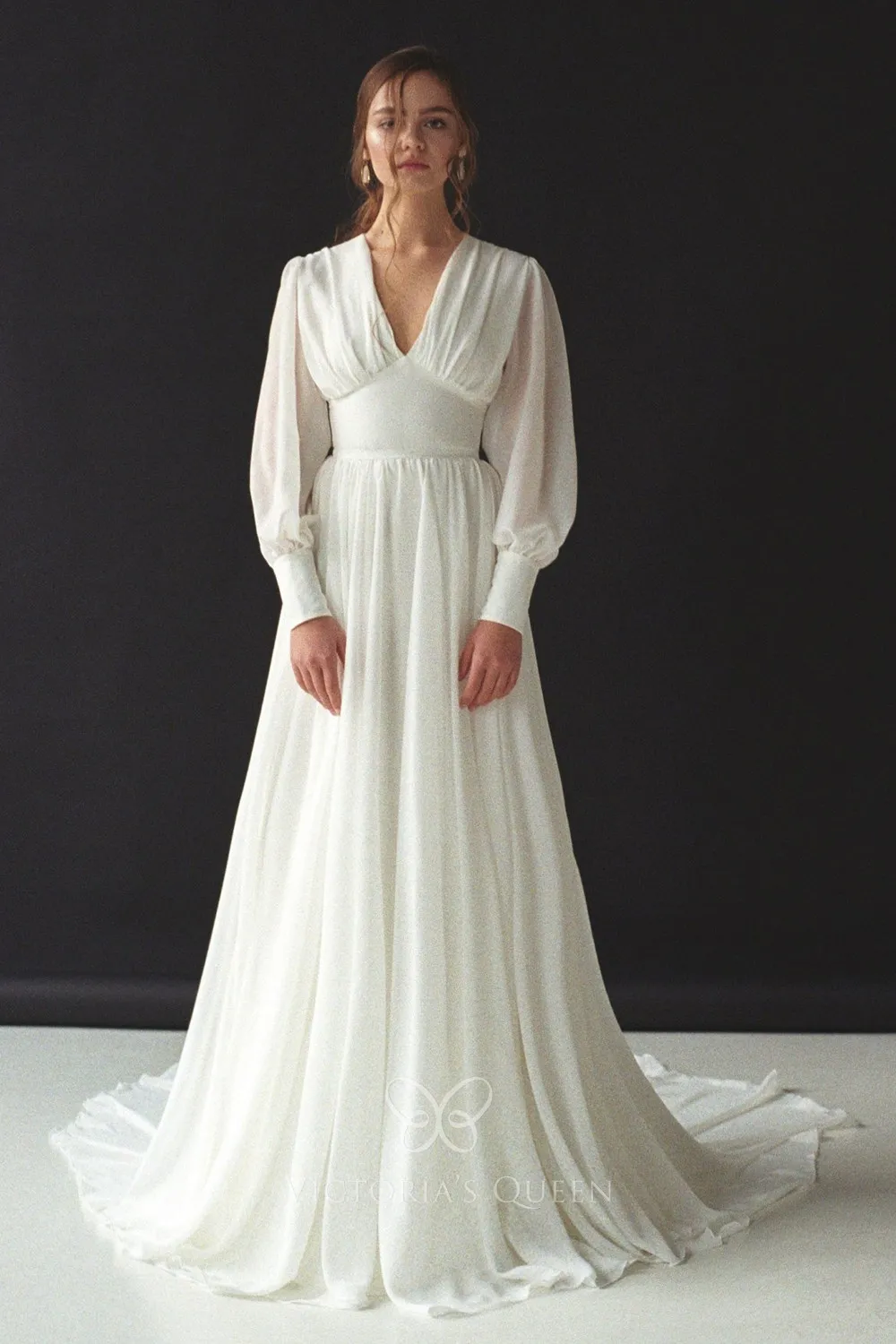 Ethereal Ivory Chiffon Long Sleeve Wedding Dress VQ