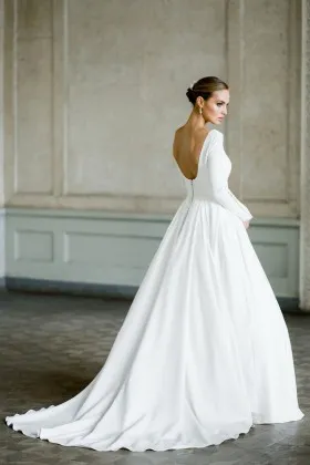 elegant satin long sleeves low back wedding ball gown