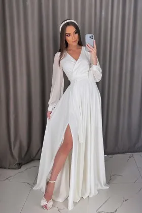 ivory satin chiffon sheer sleeve slit bridal reception dress