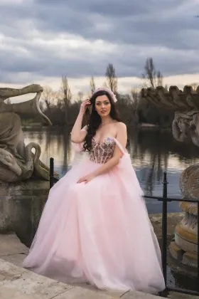 feminine Sequin stars Pink Tulle Colored wedding Dress