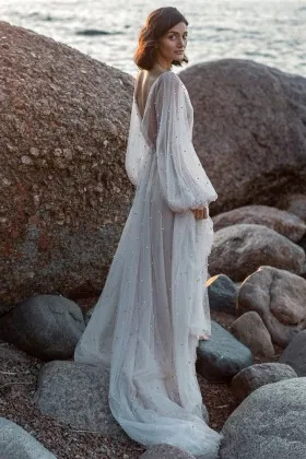 pearled tulle V back puff sleeves beach wedding dress