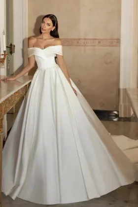 chic ivory satin off the shoulder modern wedding ball gown
