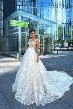 modern floral lace illusion bodice city wedding dress