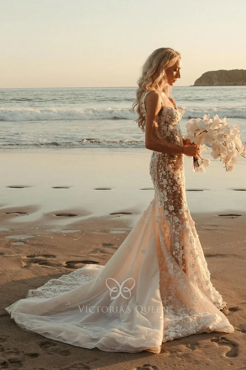 3D floral lace beach wedding dress with court train 3D floral lace beach wedding dress with court train