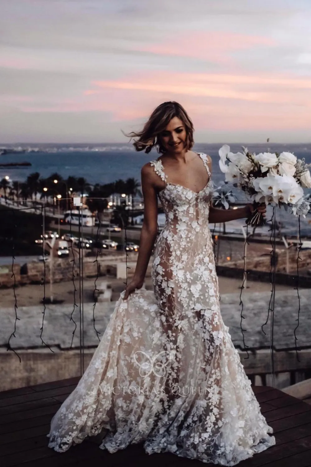 3d floral lace sheer beach wedding dress 3d floral lace sheer beach wedding dress