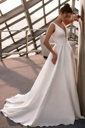 modern plunging neckline ivory satin a line wedding dress