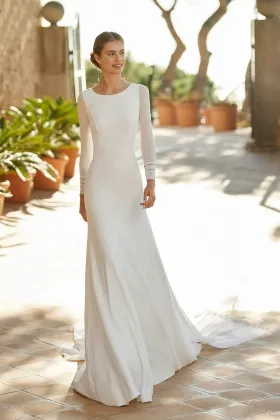 long sleeve ivory chiffon sheer back modern wedding dress