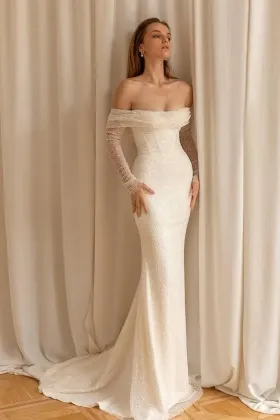 luxury beading off shoulder long sleeve mermaid bridal dress