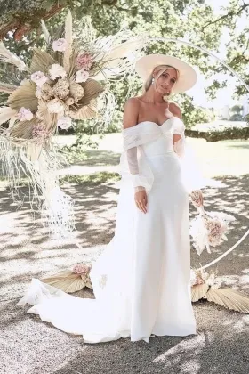 simple off the shoulder puff sleeve bohemian wedding dress