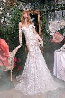sexy off the shoulder sheer floral lace trumpet bridal dress