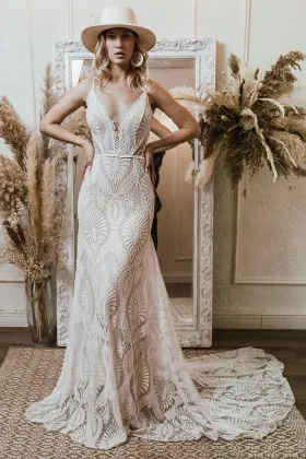 bohemian abstract lace v neck mermaid country bridal dress