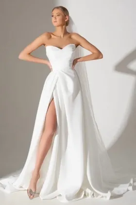 strapless pleated satin a line slit minimalist wedding dress