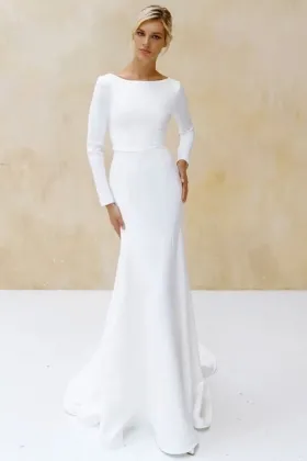 boat neck long sleeve mermaid minimalist satin wedding dress