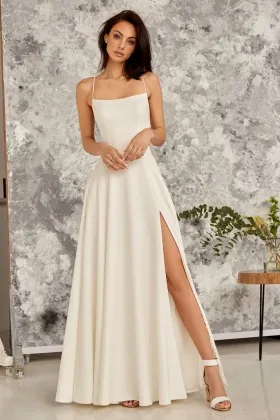 modern ivory satin slit strap back bridal reception dress