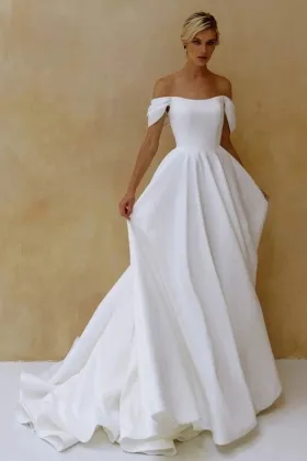 simple off the shoulder satin a line spring wedding dress
