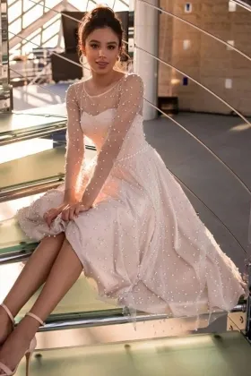 pink pearl design long sleeves tea length cute bridal dress