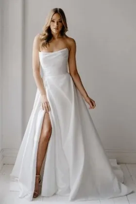 strapless ruched satin high slit simple a line wedding dress