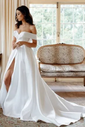 off the shoulder satin sexy high slit a line wedding dress