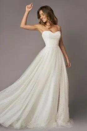 ivory polka dot tulle spaghetti straps informal wedding gown