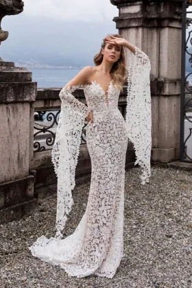 allover floral lace bell sleeve mermaid boho wedding dress