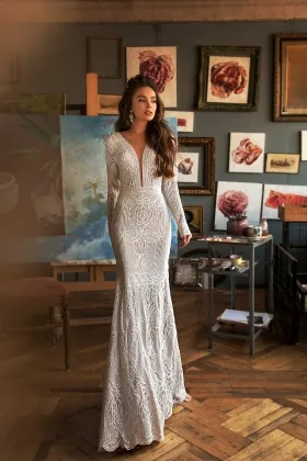 charming deep v neck long sleeve lace boho bridal dress