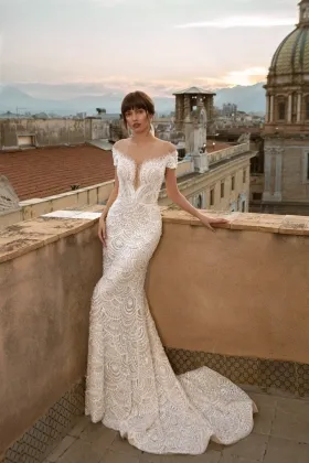 sparkling sequinned scalloped lace mermaid wedding dress