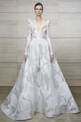 sequinned floral lace long sleeve designer wedding dress