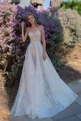 3d leaf sequinned lace spaghetti straps a line wedding dress