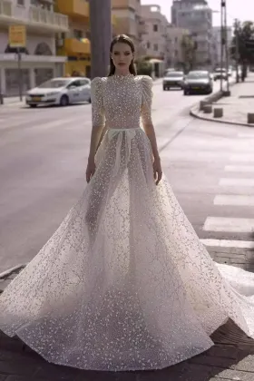 sparkling 3d leaf sequinned lace high neck wedding dress