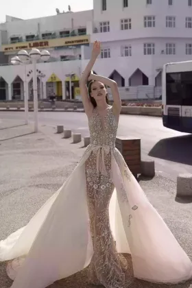 sexy sheer sequinned floral lace bridal dress with overskirt
