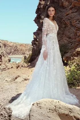 3d flower lace long sleeve sexy sheer beach wedding gown