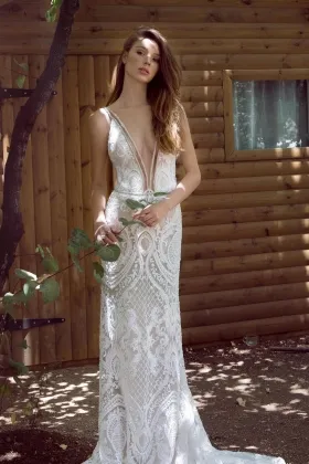 crystal embellished abstract lace plunging neck fit and flare bridal dress