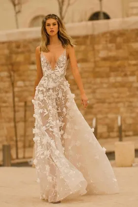 sheer 3d floral lace deep v neck sexy summer weding dress