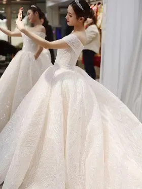 sequin embroidered wave lace off shoulder wedding ball gown