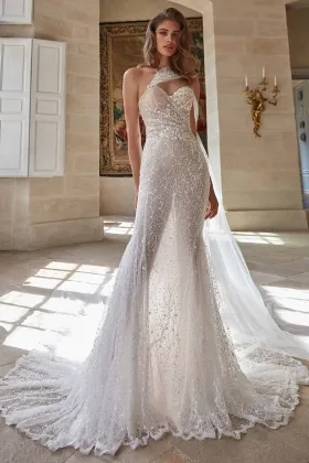 romantic beaded floral lace sheer tulle cape wedding dress