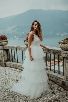 ethereal tiered tulle scoop neck puffy outdoor wedding dress